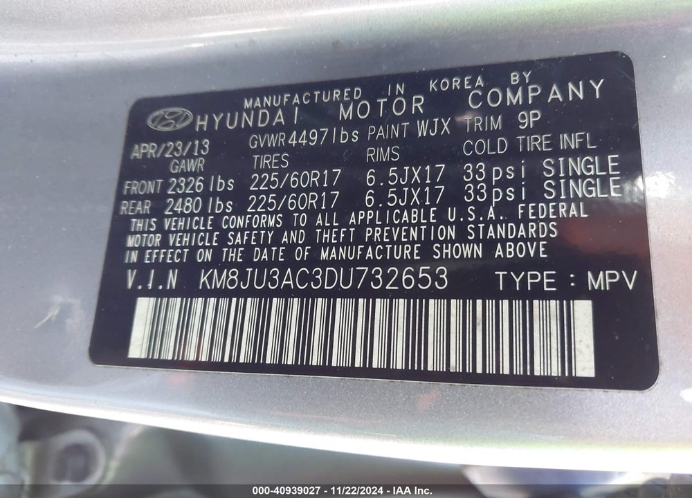 2013 HYUNDAI TUCSON GLS VIN: KM8JU3AC3DU732653
