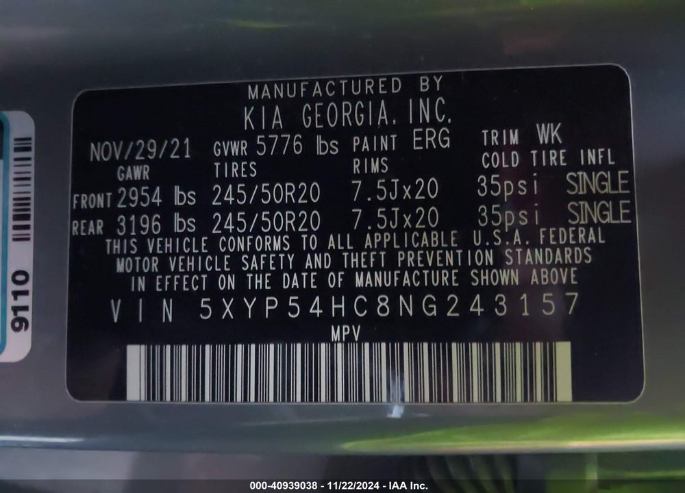 2022 KIA TELLURIDE VIN: 5XYP54HC8NG243157