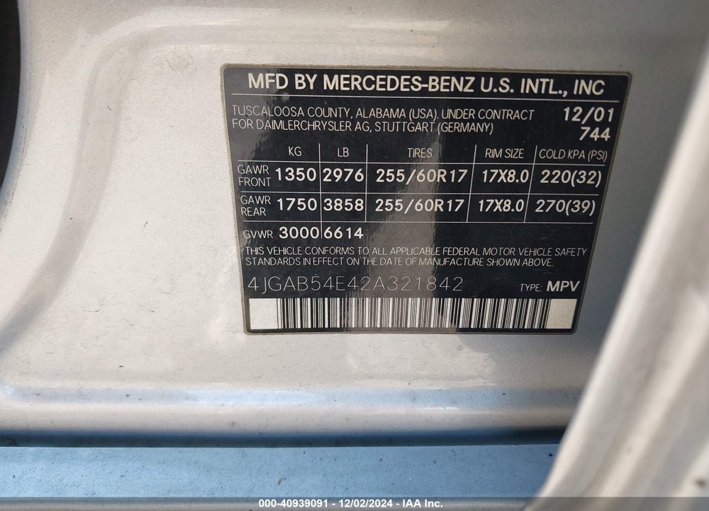 2002 MERCEDES-BENZ ML 320 VIN: 4JGAB54E42A321842