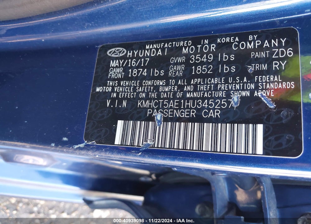 2017 HYUNDAI ACCENT SE VIN: KMHCT5AE1HU345257