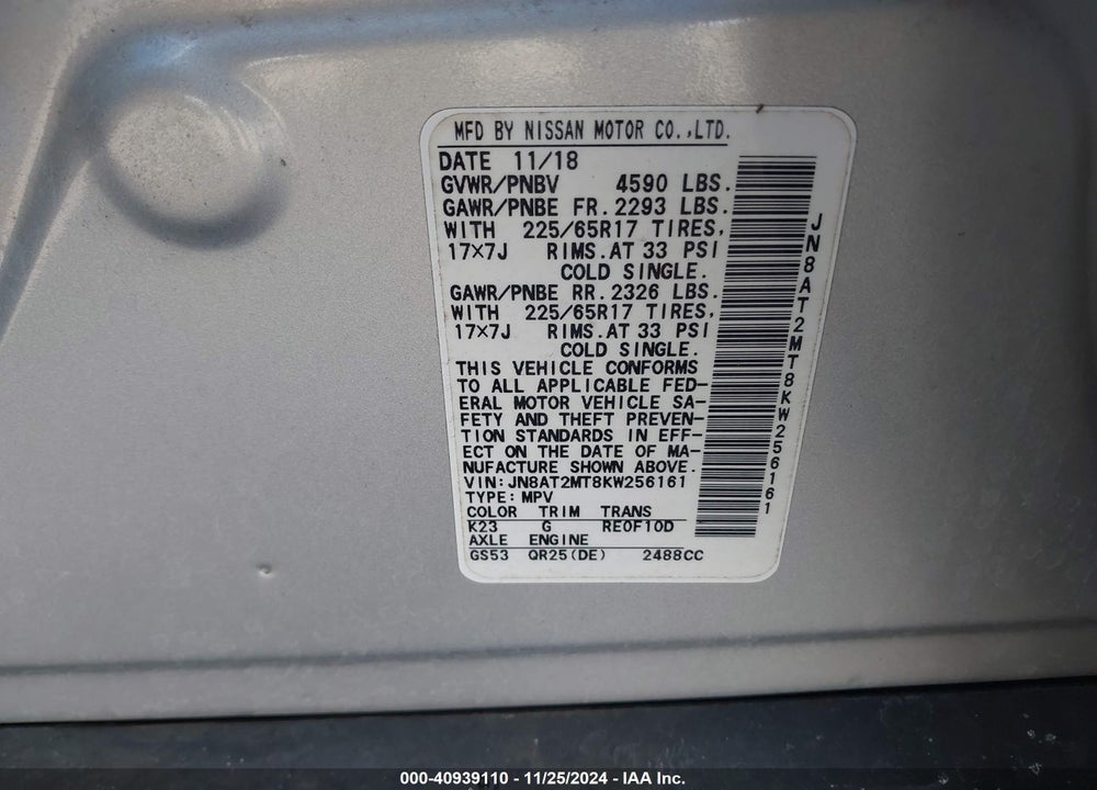 2019 NISSAN ROGUE SV VIN: JN8AT2MT8KW256161