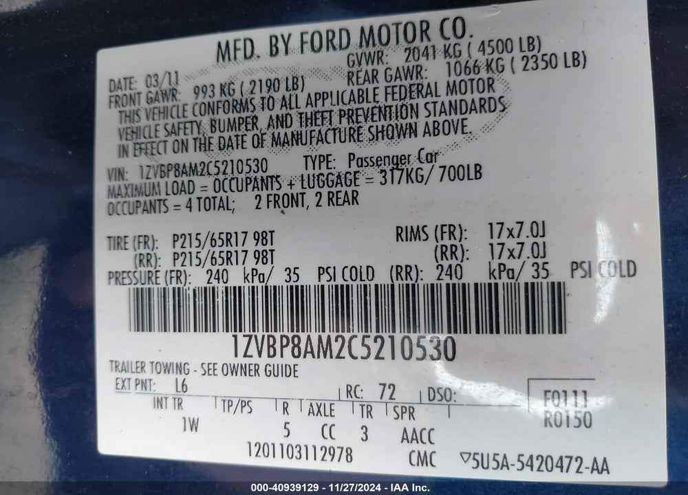 2012 FORD MUSTANG VIN: 1ZVBP8AM2C5210530