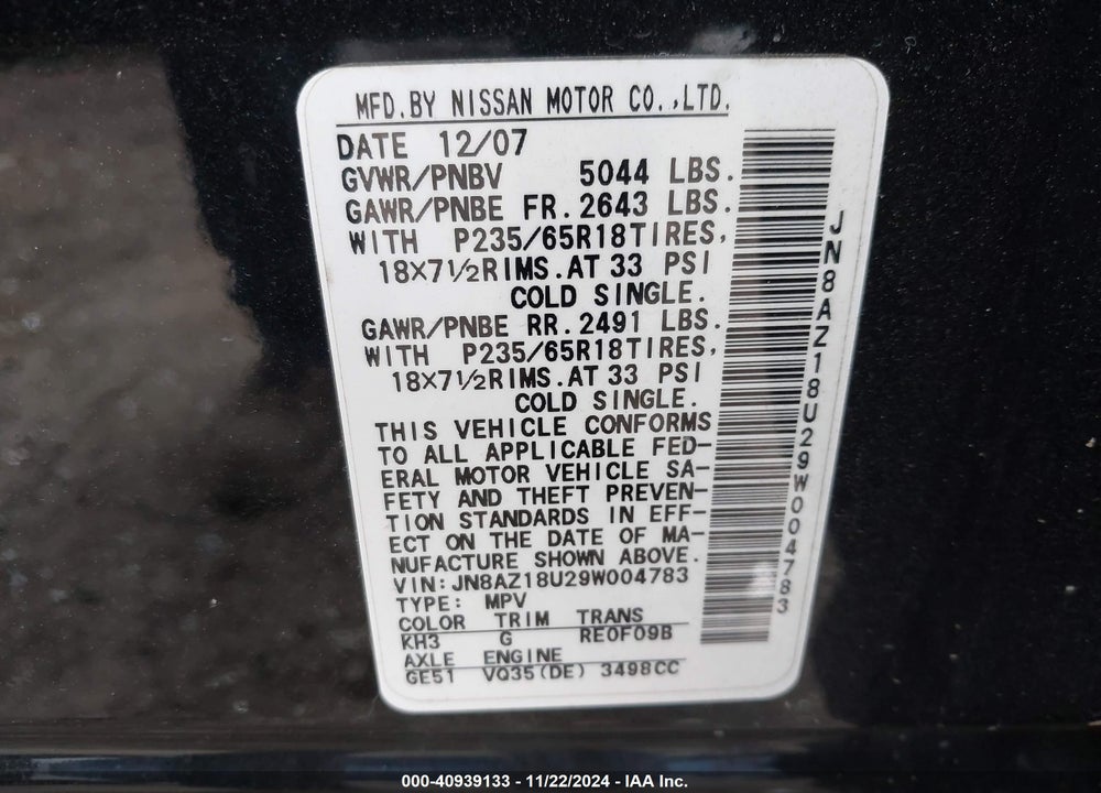 2009 NISSAN MURANO SL VIN: JN8AZ18U29W004783