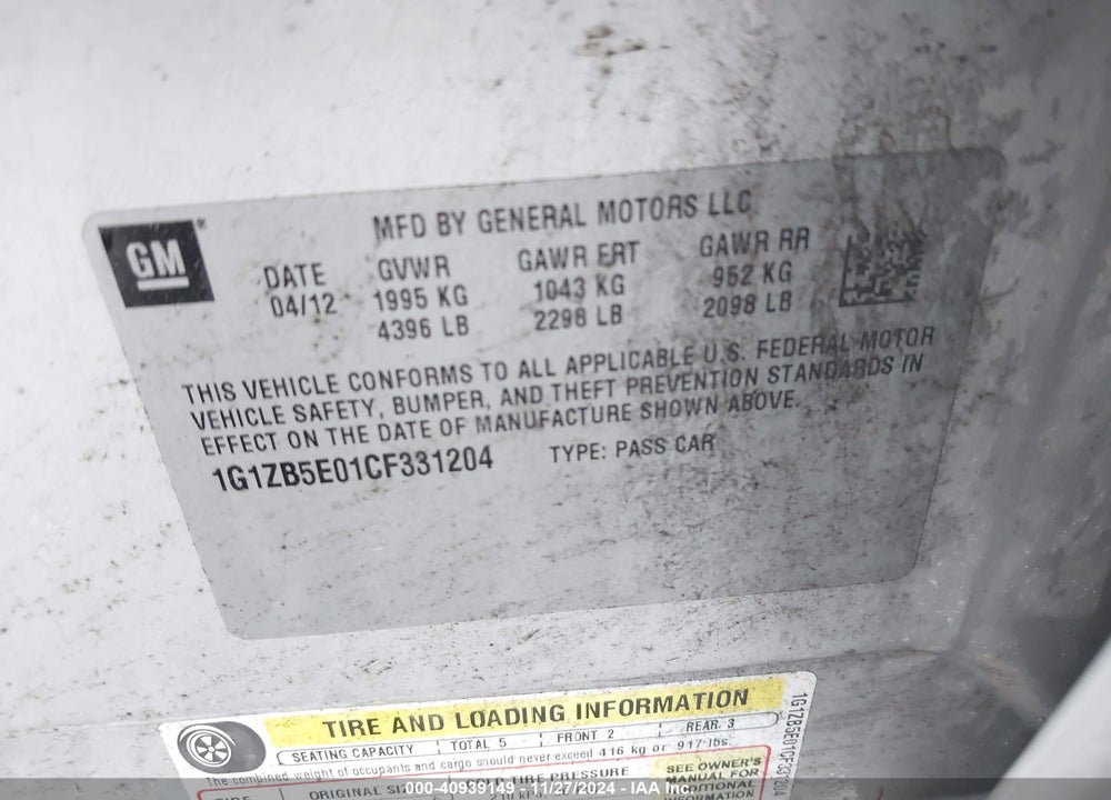 2012 CHEVROLET MALIBU LS VIN: 1G1ZB5E01CF331204