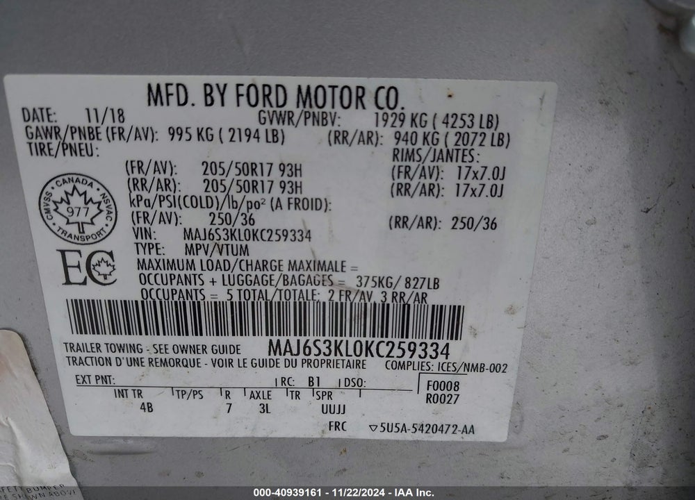 2019 FORD ECOSPORT TITANIUM VIN: MAJ6S3KL0KC259334