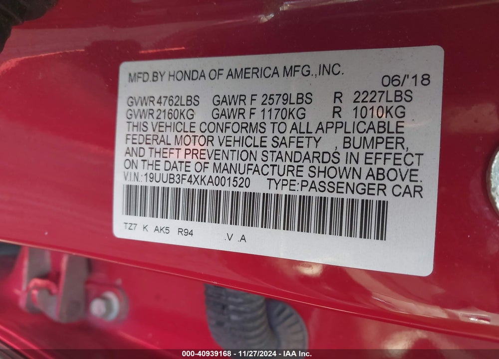 2019 ACURA TLX TECH PKG VIN: 19UUB3F4XKA001520