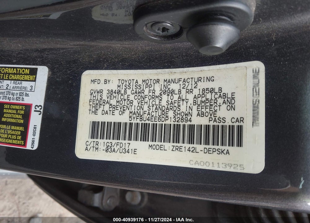 2013 TOYOTA COROLLA VIN: 5YFBU4EE6DP132894