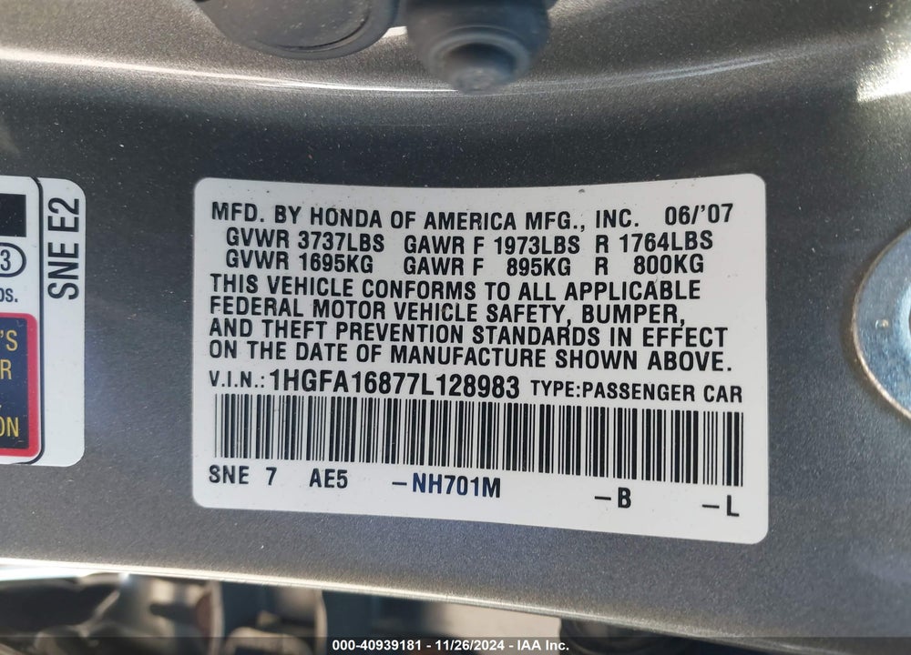 2007 HONDA CIVIC EX VIN: 1HGFA16877L128983