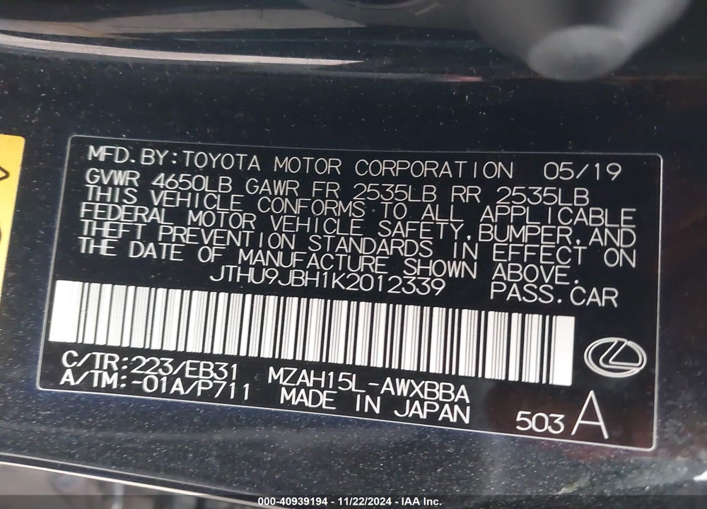 2019 LEXUS UX 250H F SPORT VIN: JTHU9JBH1K2012339