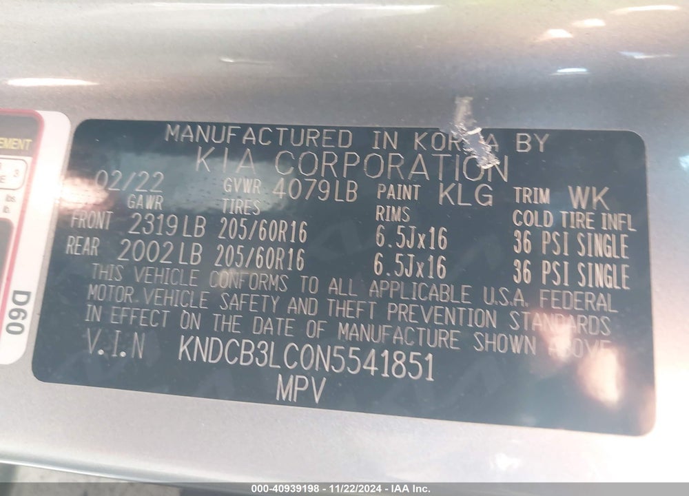 2022 KIA NIRO LX VIN: KNDCB3LC0N5541851