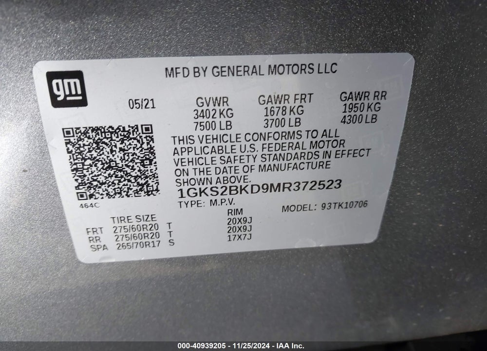 2021 GMC YUKON 4WD SLT VIN: 1GKS2BKD9MR372523