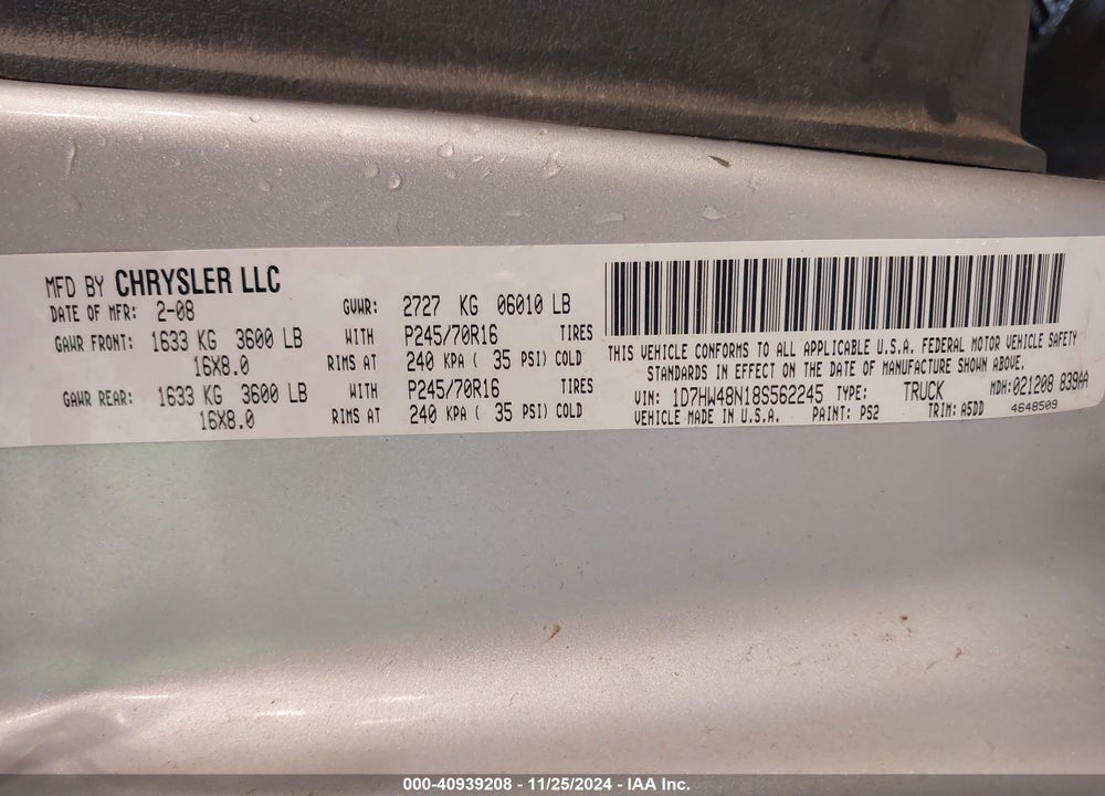 2008 DODGE DAKOTA SLT VIN: 1D7HW48N18S562245