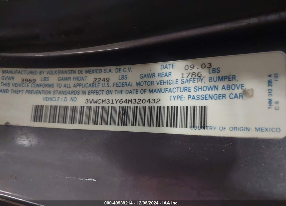 2004 VOLKSWAGEN NEW BEETLE GLS VIN: 3VWCM31Y64M320432