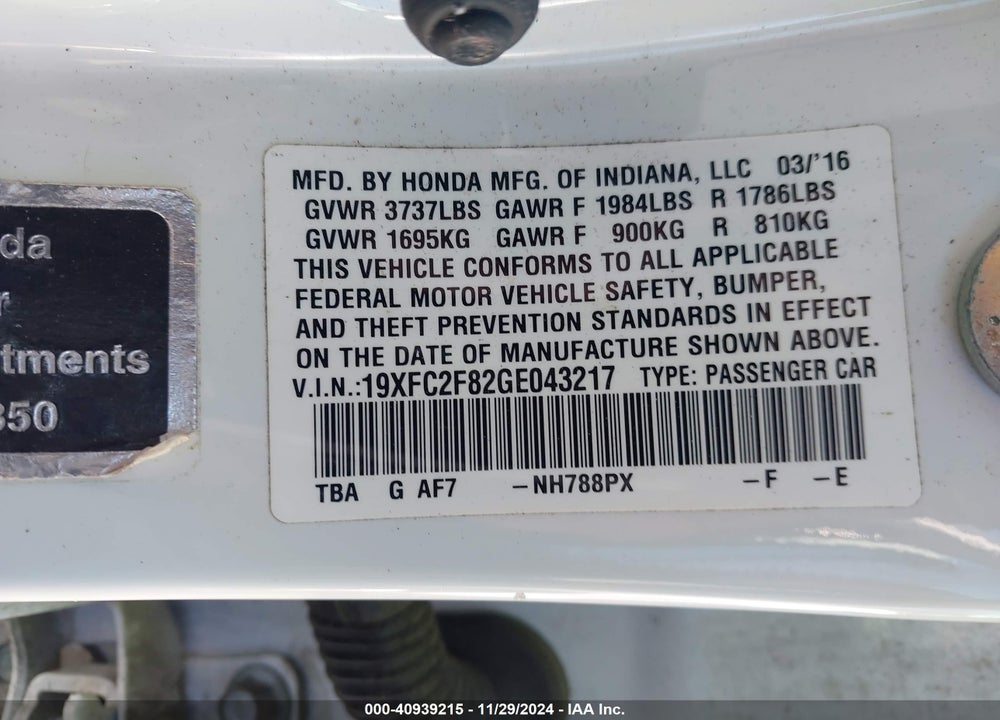2016 HONDA CIVIC VIN: 19XFC2F82GE043217