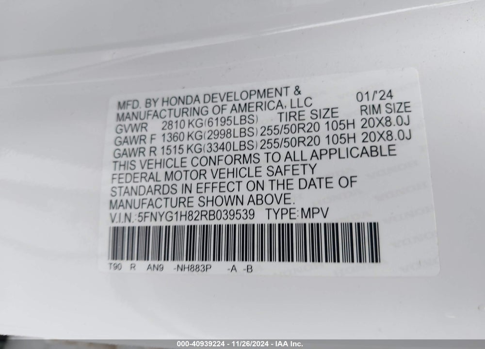 2024 HONDA PILOT ELITE VIN: 5FNYG1H82RB039539