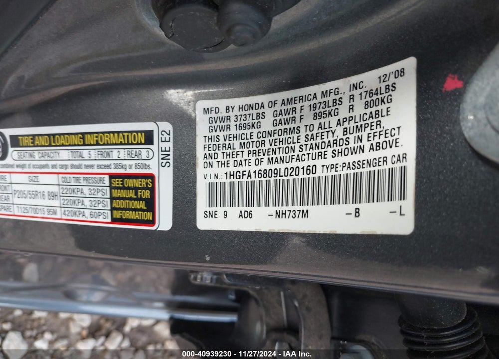 2009 HONDA CIVIC VIN: 1HGFA16809L020160