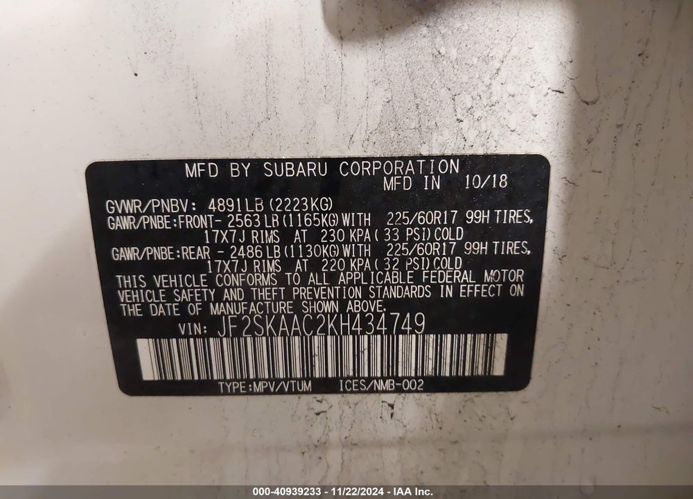 2019 SUBARU FORESTER VIN: JF2SKAAC2KH434749