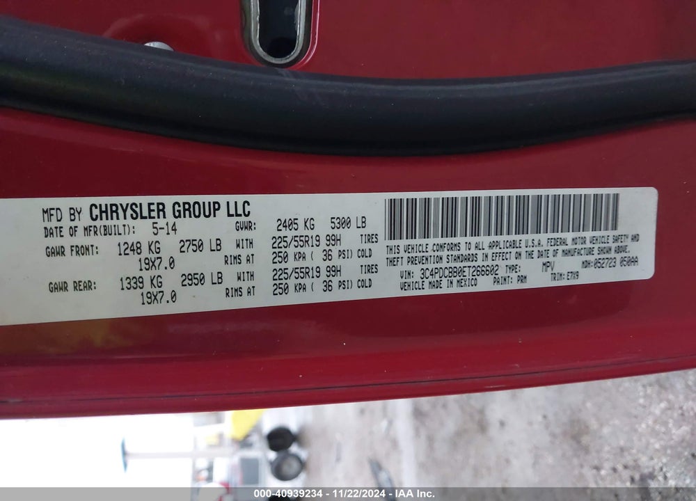 2014 DODGE JOURNEY SXT VIN: 3C4PDCBB0ET266602