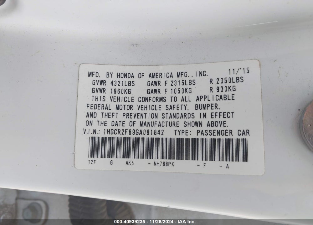 2016 HONDA ACCORD VIN: 1HGCR2F89GA081842
