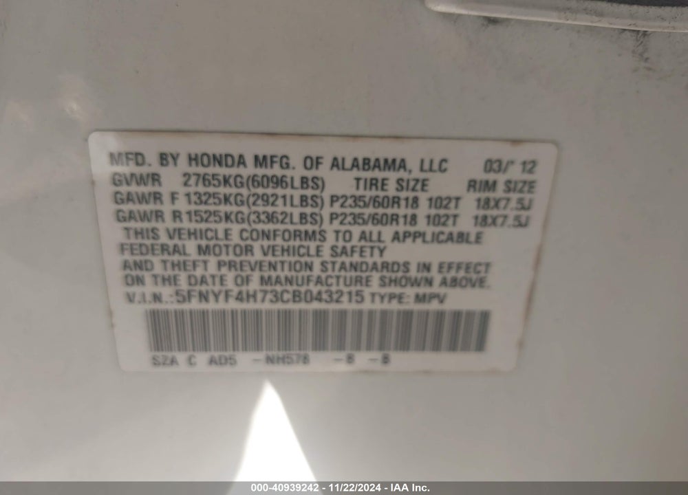 2012 HONDA PILOT EX-L VIN: 5FNYF4H73CB043215
