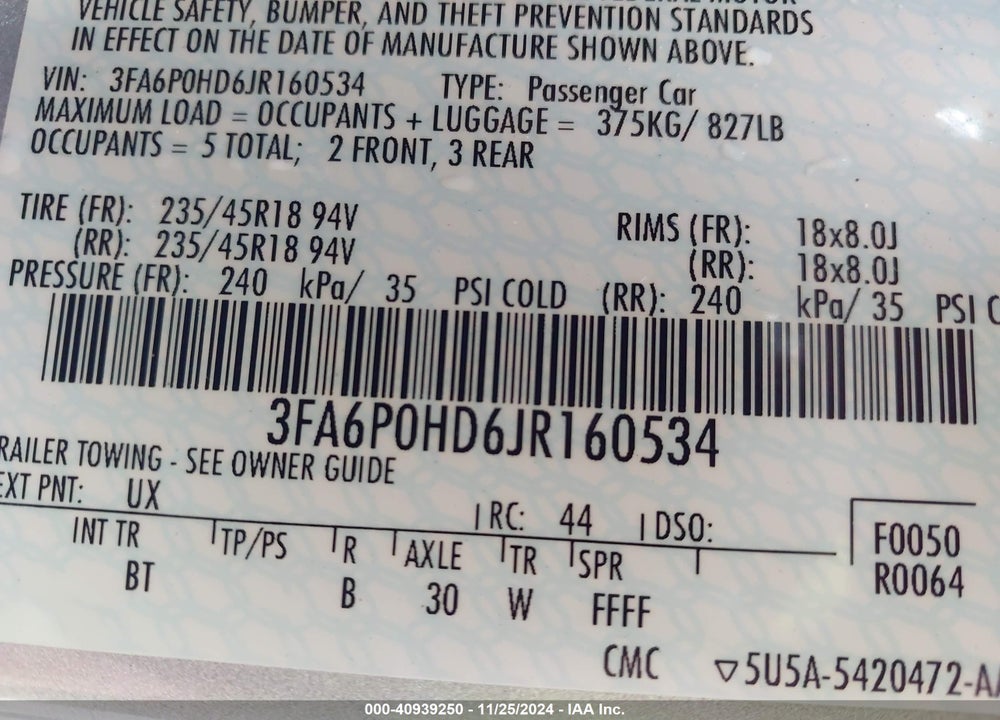 2018 FORD FUSION VIN: 3FA6P0HD6JR160534