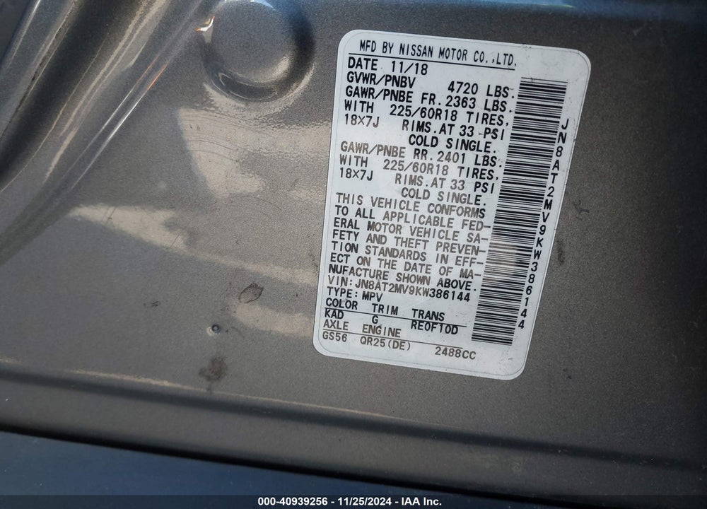 2019 NISSAN ROGUE SV VIN: JN8AT2MV9KW386144