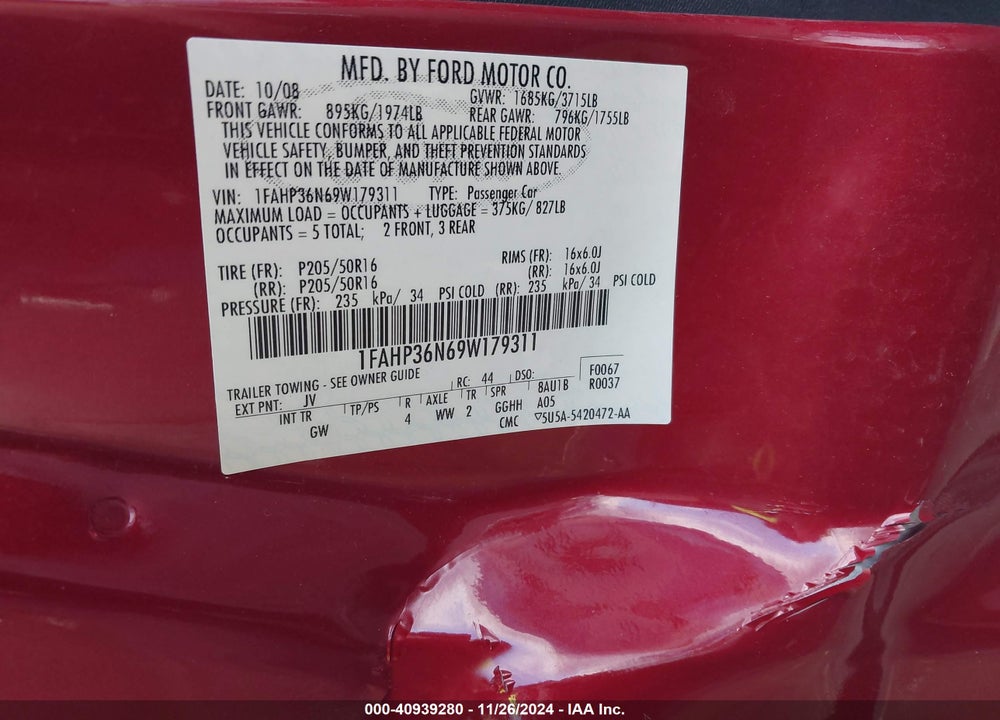 2009 FORD FOCUS VIN: 1FAHP36N69W179311