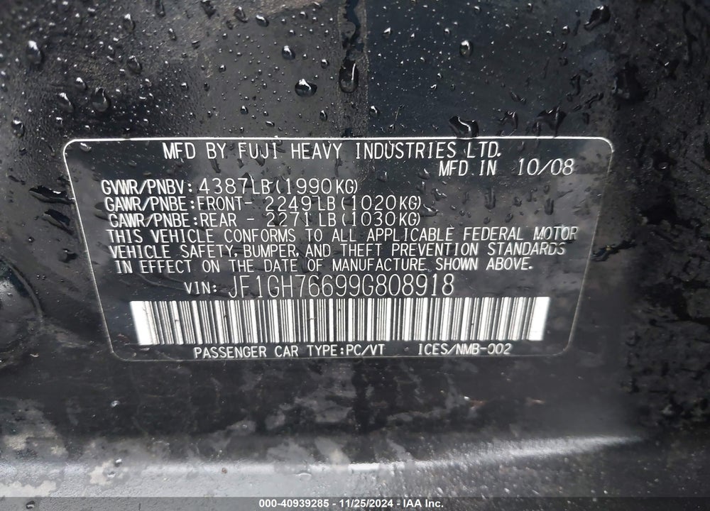 2009 SUBARU IMPREZA VIN: JF1GH76699G808918