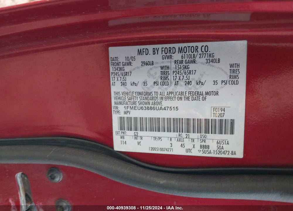 2006 FORD EXPLORER XLT VIN: 1FMEU63886UA47515