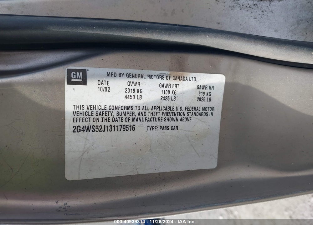 2003 BUICK CENTURY CUSTOM VIN: 2G4WS52J131179516