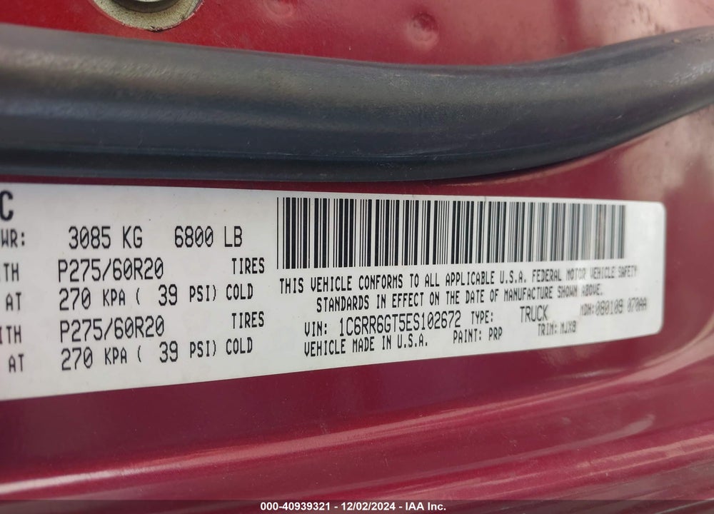2014 RAM 1500 LONE STAR VIN: 1C6RR6GT5ES102672