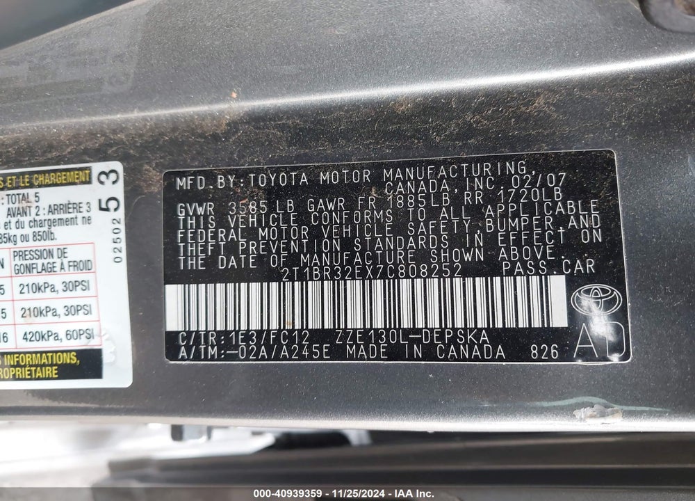 2007 TOYOTA COROLLA VIN: 2T1BR32EX7C808252