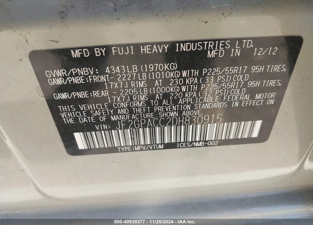 2013 SUBARU XV CROSSTREK 2.0I PREMIUM VIN: JF2GPACC2DH830915