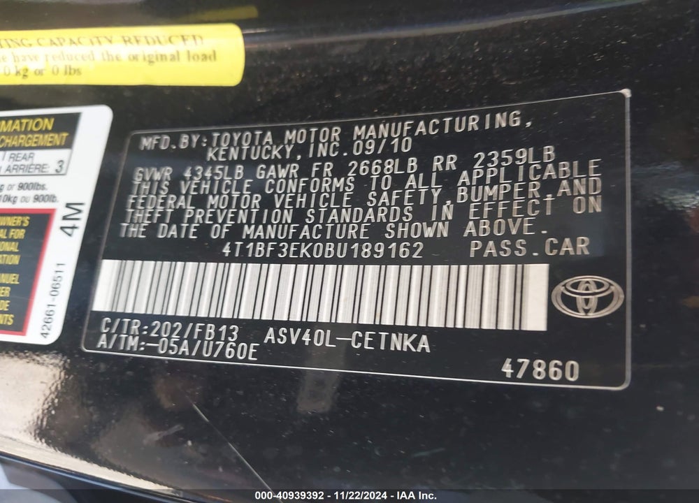 2011 TOYOTA CAMRY LE VIN: 4T1BF3EK0BU189162
