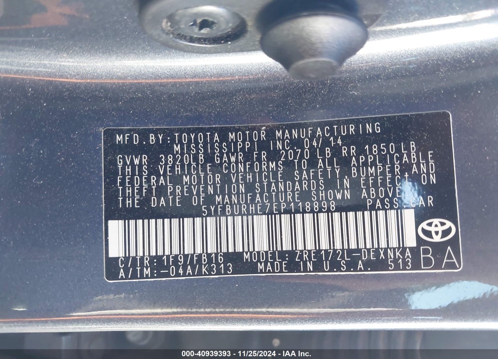 2014 TOYOTA COROLLA LE VIN: 5YFBURHE7EP118898