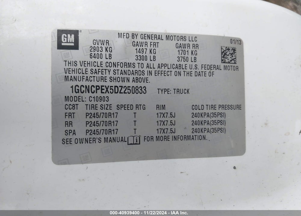 2013 CHEVROLET SILVERADO 1500 WORK TRUCK VIN: 1GCNCPEX5DZ250833