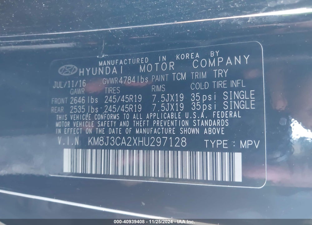 2017 HYUNDAI TUCSON SPORT VIN: KM8J3CA2XHU297128