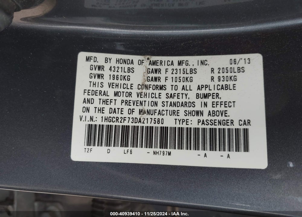 2013 HONDA ACCORD EX VIN: 1HGCR2F73DA217580