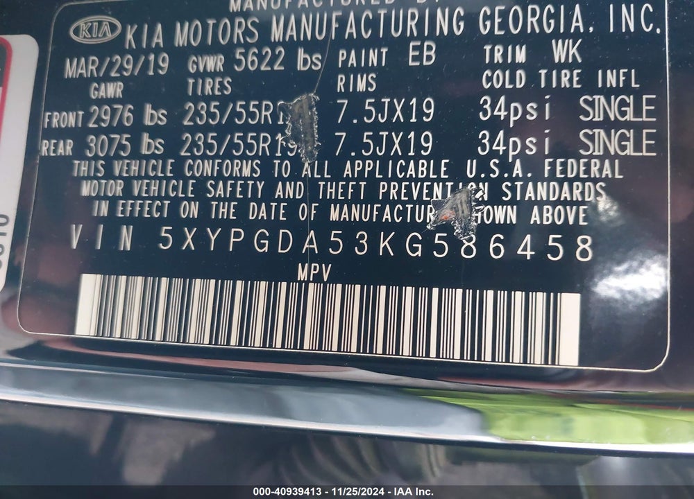 2019 KIA SORENTO 3.3L S VIN: 5XYPGDA53KG586458