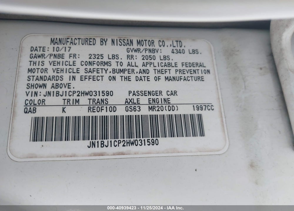 2017 NISSAN ROGUE SPORT SL VIN: JN1BJ1CP2HW031590
