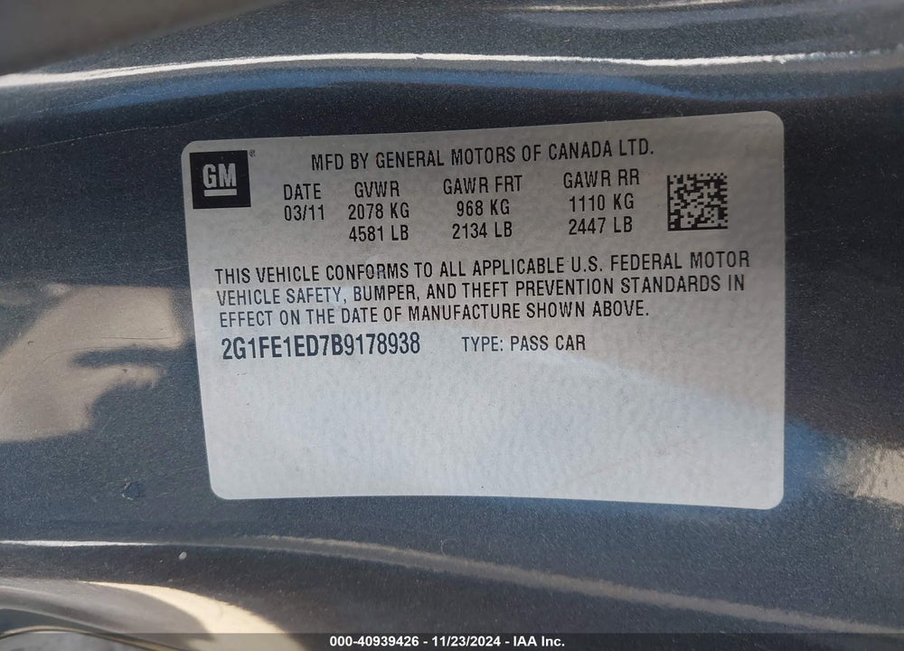 2011 CHEVROLET CAMARO 1LS VIN: 2G1FE1ED7B9178938