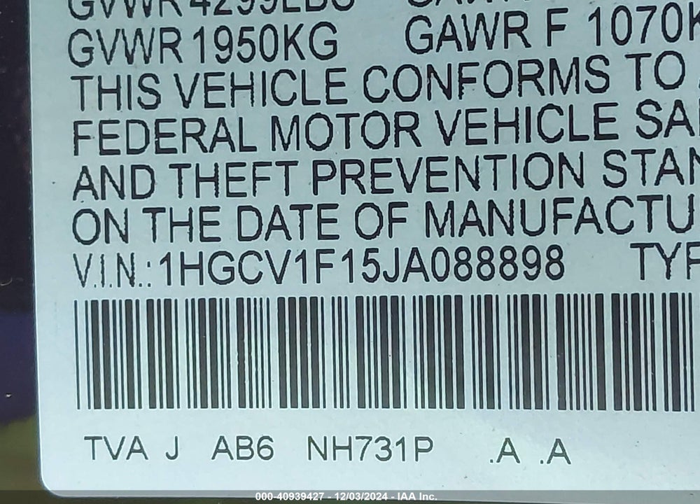2018 HONDA ACCORD LX VIN: 1HGCV1F15JA088898