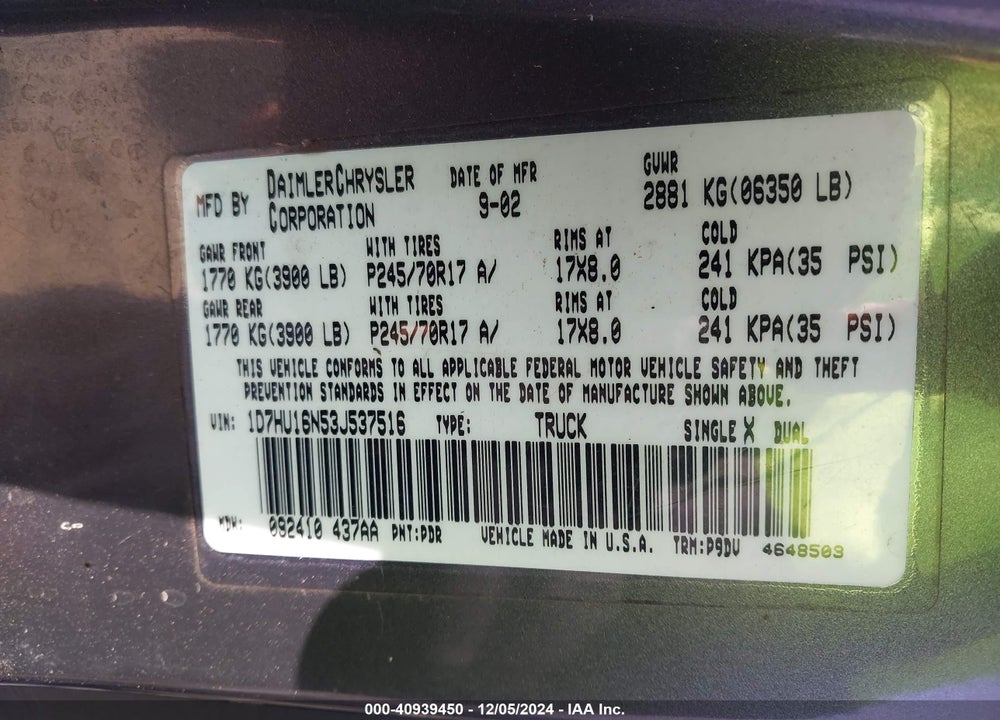 2003 DODGE RAM 1500 SLT/LARAMIE/ST VIN: 1D7HU16N53J537516