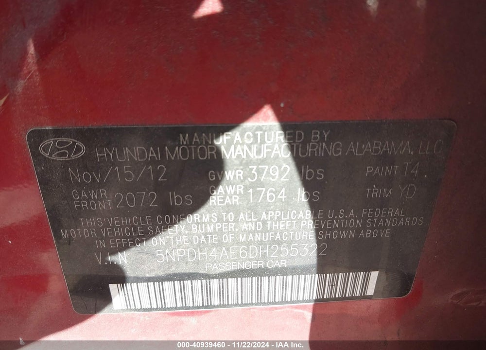 2013 HYUNDAI ELANTRA GLS VIN: 5NPDH4AE6DH255322