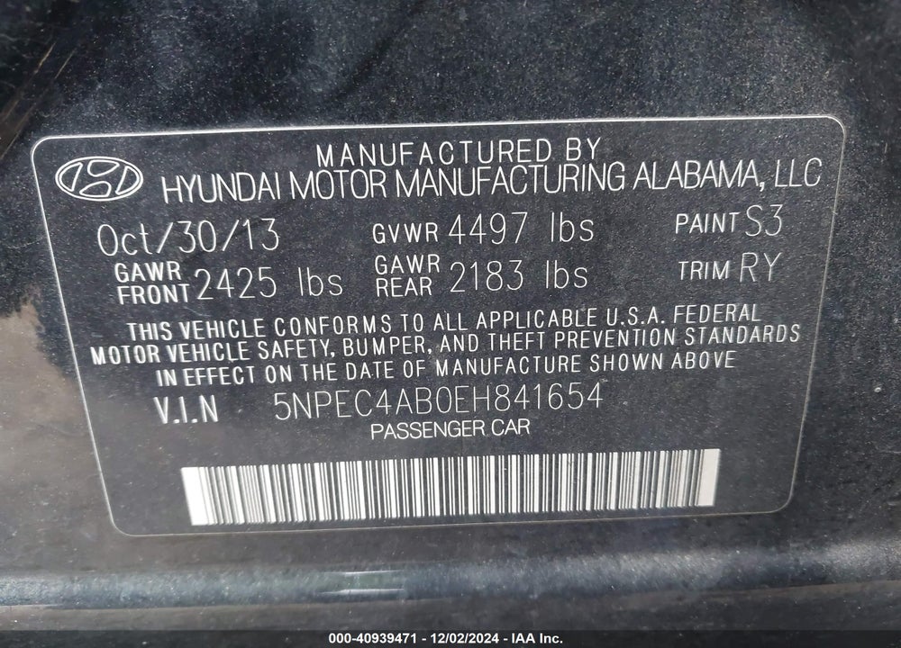 2014 HYUNDAI SONATA VIN: 5NPEC4AB0EH841654