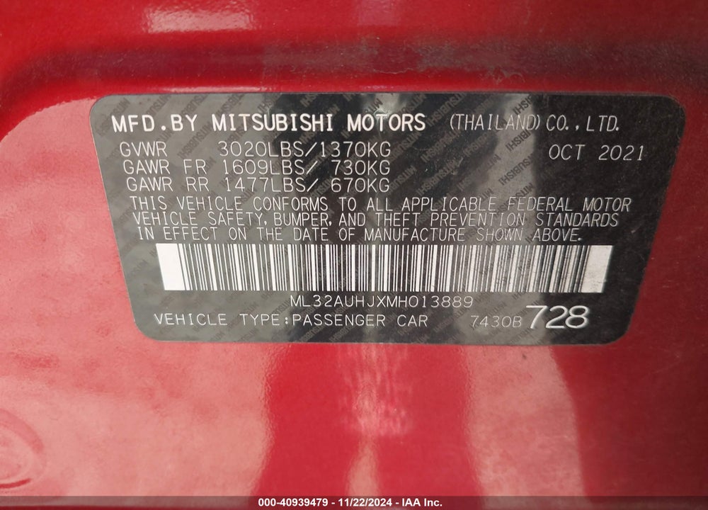 2021 MITSUBISHI MIRAGE CARBONITE EDITION/ES/LE VIN: ML32AUHJXMH013889