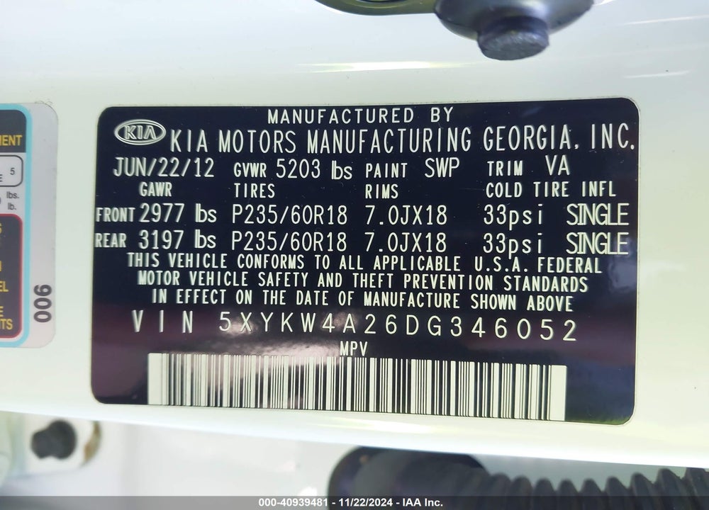 2013 KIA SORENTO SX VIN: 5XYKW4A26DG346052