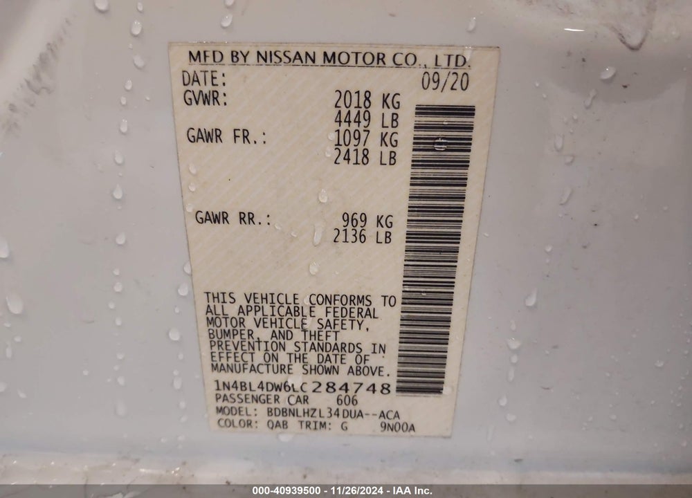 2020 NISSAN ALTIMA VIN: 1N4BL4DW6LC284748