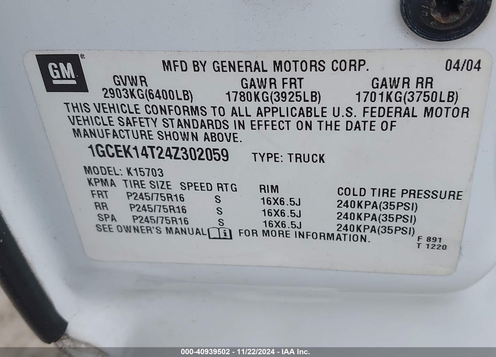 2004 CHEVROLET SILVERADO 1500 LS VIN: 1GCEK14T24Z302059