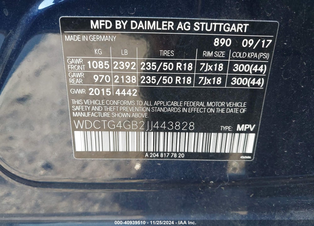 2018 MERCEDES-BENZ GLA 250 4MATIC VIN: WDCTG4GB2JJ443828